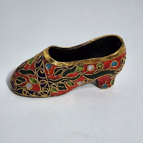 Enameled Cloisonne Miniature Shoe With Floral Design & Gold Detailing - Picture 1 of 10